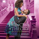 A Princess in Theory by Alyssa Cole - a woman in a blue African print dress in purple and teal being lifted by a handsome man with a goatee against a pink royal staircase 