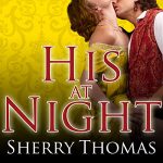 His at Night a white woman in a yellow gown being embraced by a white dude in a red waistcoast against a yellow brocade background 