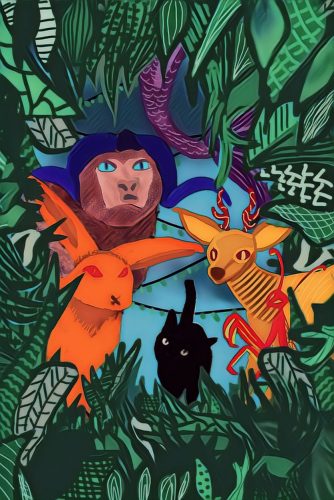 A doodle by Poppy of fantasy animals amidst green foliage.