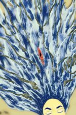 A doodle by Poppy of her and her black cat on an orange kayak. The water waves blend into the hair of a goddess.