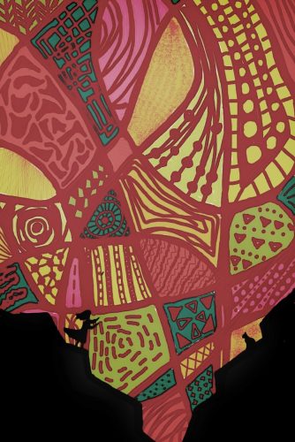 The silhouette of a woman and cat on a cliff. The sky is a pattern of West African prints.