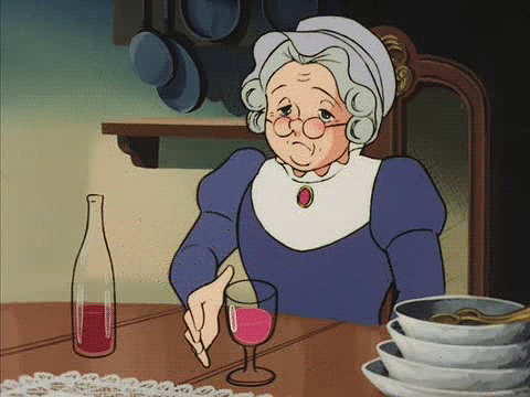 A cartoon woman slams a glass of wine and coughs