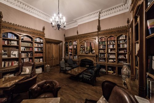 The library! Very solemn - dark oak and leather and cushy chairs and lots of books of course