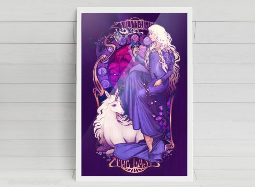 Am I Truly the Last print. From the Last Unicorn. A woman in a purple dress sits on a gilded chair. A white unicorn rests at her feet.