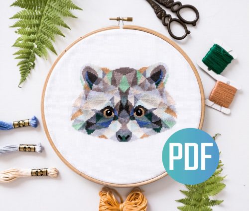 Geometric raccoon cross stitch pattern