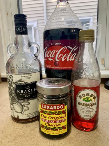 Ingredients for a cherry rum and coke