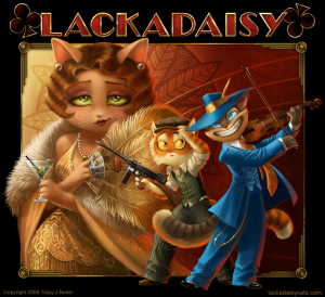 A 20s style illustration of a trio of cats, one in fine clothing holding a martini, one holding a machine gun and one holding a violin and wearing a maniacal grin. Mitzi chillin' in the back with a martini, a feather fan, and a smirk. Freckle glances around uncertainly behind Rocky as he holds a machine gun, and Rocky seems to be about to play a violin. Rocky somehow makes the idea of him playing a violin terrifying.