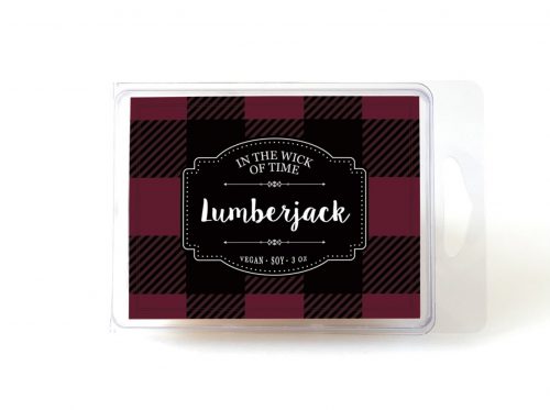 Lumberjack wax melts in a plastic clamshell case with a flannel print label.