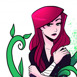 Camille, a redheaded girl with dark eyes, holding her bandaged arm as vines grow around her