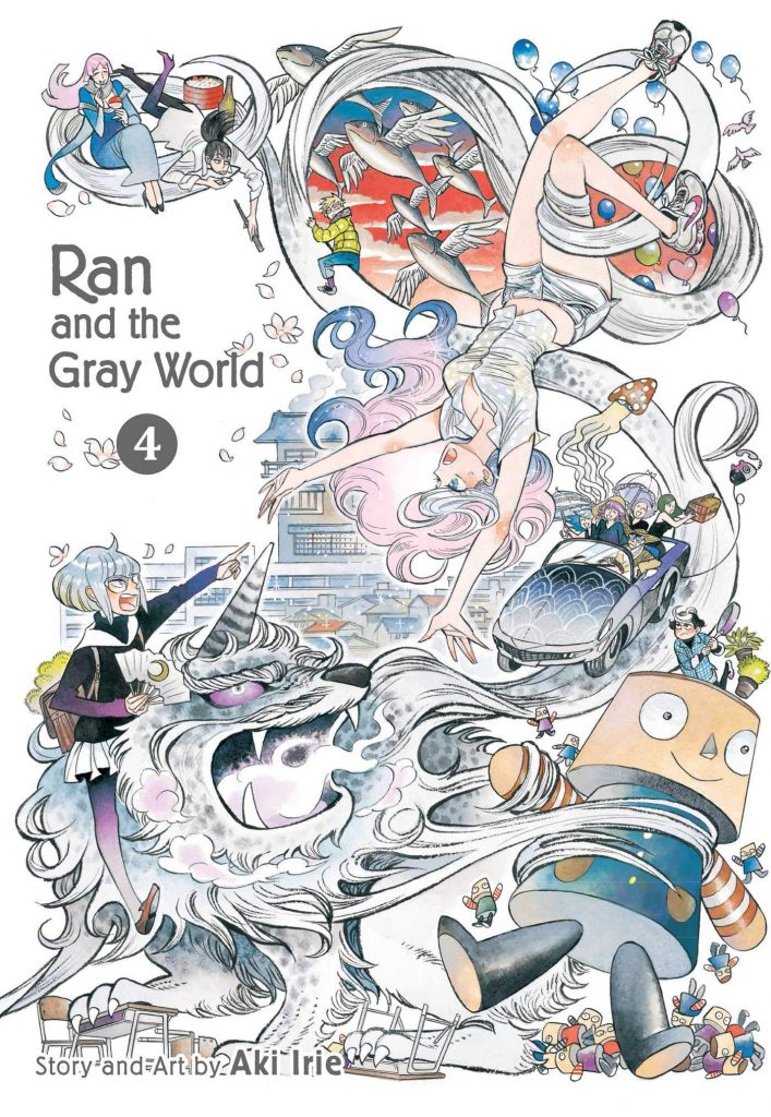 Image: Cover of Ran and the Gray World, Volume 4. Fish are flying, aged up Ran is hanging upside down in a qilin’s fur while a girl sitting on the qilin points and shouts at her. Shizuka and Tamao are curled up in another loop of the qilin’s fur to spectate, Hibi is climbing up the fur to get away, and Dr. Besshin is riding down the fur in his convertible with his crew of nurses and a floating mushroom. Small Ran is on top of a giant Mr. Pudding plushy’s head with a frying pan, while smaller versions of the Mr. Pudding plushy are tumbling onto the ground behind giant Mr. Pudding.