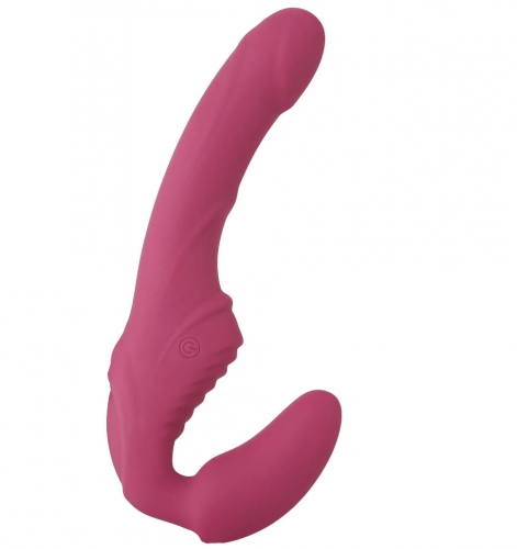 A fuchsia vibrating strapless strap-on. 