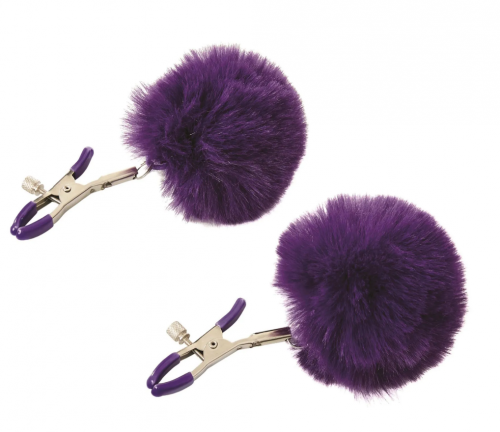 Purple furry pom-poms that hang from metal clips.