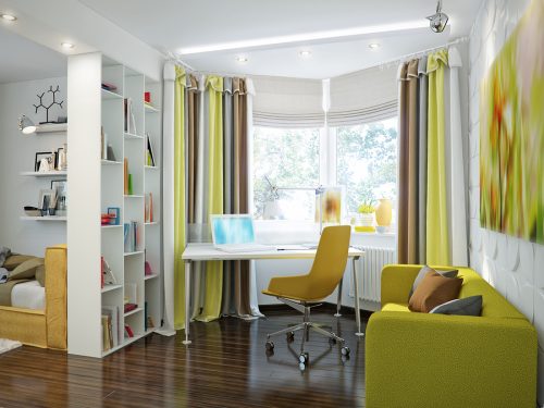 Bright and cozy home office with yellow and green accents accents.