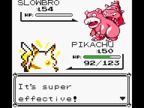 Pikachu vs Slowbro with the text declaring whatever Pikachu just did as It's Super Effective!