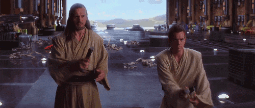 Qui Gon and Obi Wan grab their light sabers and do the thing