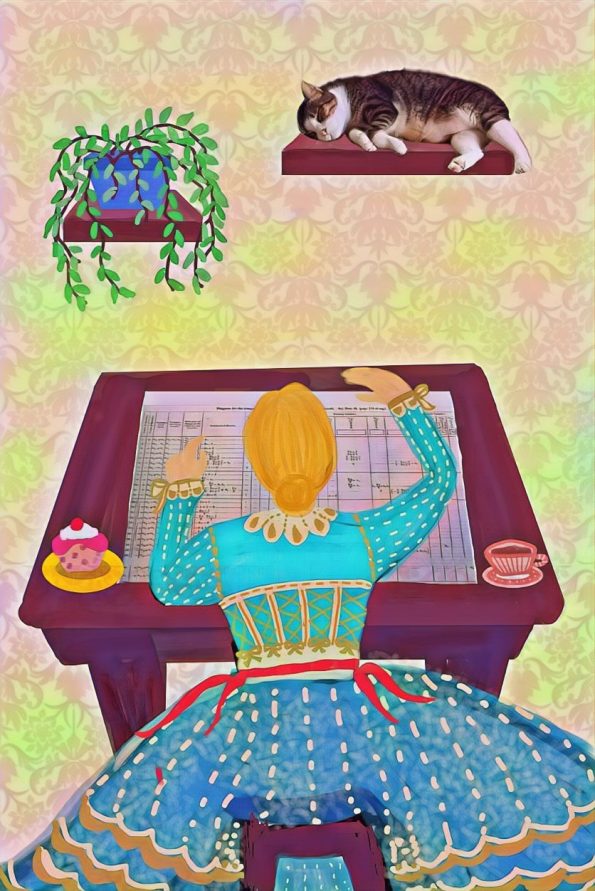 An illustration of a blonde woman at a table viewed from behind working on a code paper with Poppy's cat napping on a shelf above