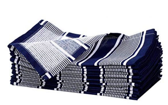 Dark blue and white striped cloth napkins in a folded stack 