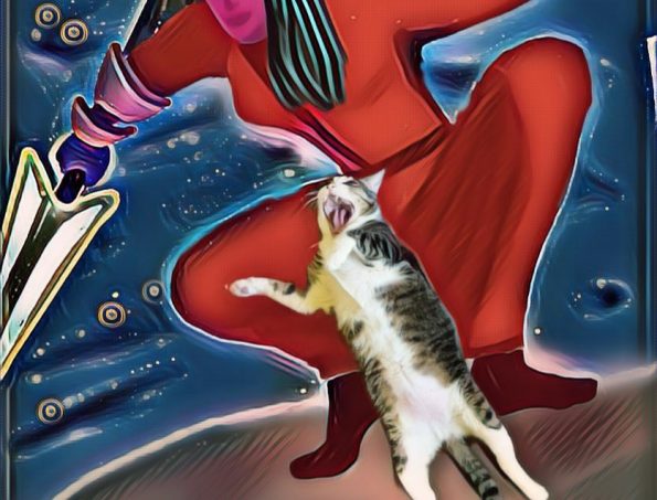 A red dressed warrior woman with a sword crouching with her weapon extended, with Poppy's cat, mouth open and fangs showing perched on his back legs in front