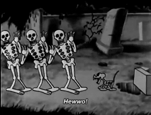 cartoon skeletons waving at the viewer with a caption that says HEWWO!