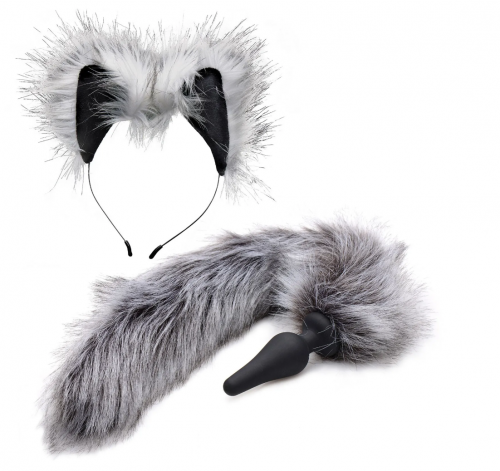 A grey and black headband with wolf ears with a match tail/butt plug.
