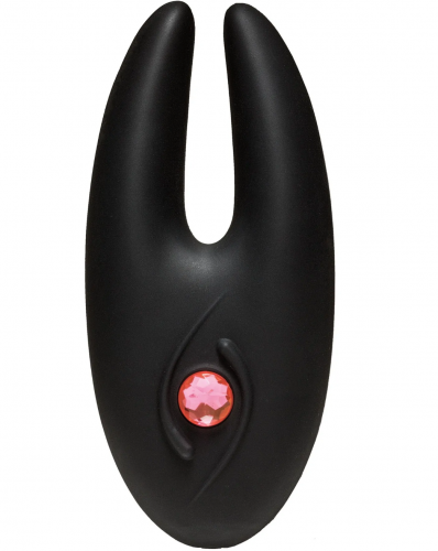Black silicone curved vibrator with a pink gemstone