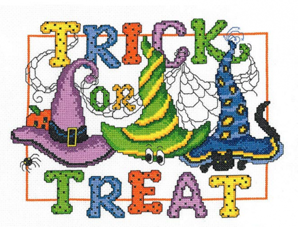 Trick or treat in multicolored letters above three brightly colored witches hats one of which has a black cat hiding under it