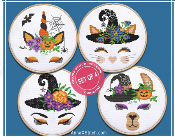 Four animal faces including a cat and a llama with halloween hats and unicorn horns