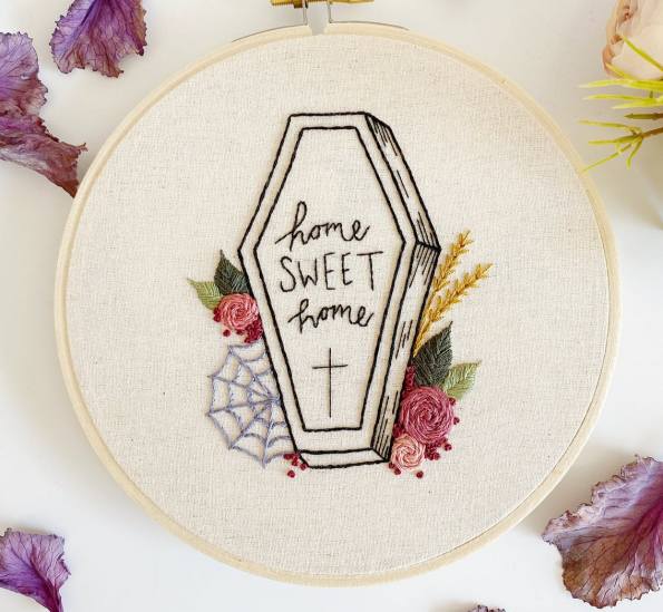 Embroidery pattern of coffin with flowers with the word that says Home Sweet Home