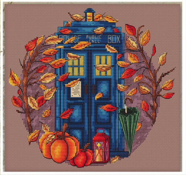 Autumn Tardis with the blue phone box surrounded by gold leaves with pumpkins at the base