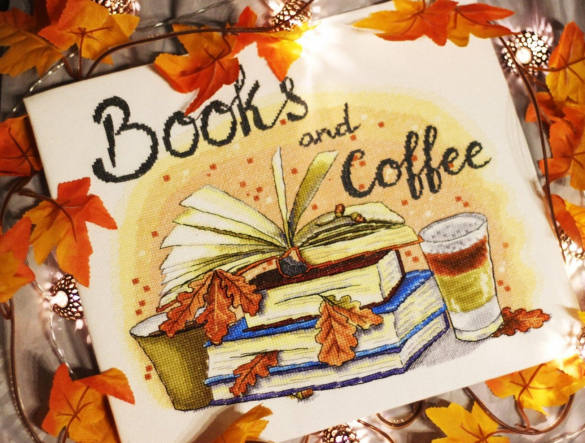 Books and Coffee pattern with a stack of books, cups of coffee and autumn leaves
