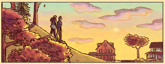 Nova and Tam walk down a hill under a beautiful autumn sunset.