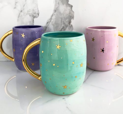 Handmade pastel mugs with 22 karat gold stars and handle
