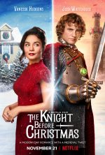 The Knight Before Christmas - Vanessa Hudgens in a . red lace dress standing back to back with a curly haired man in a suit of armor and impossibly sparkly jewels