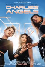 Charlie's Angels 2019 poster - Kristen Stewart and Ella Balinska fist bumping in front of naomi scott they are shot from below so they look tall and empowered