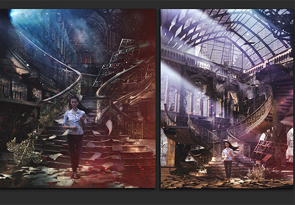 Initial composite image sketches for the cover - a woman with long hair blowing in the wind holding a stack of books in a ruined library one at the bottom of a staircase and one inside the ruins of a glass topped building