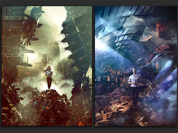 Two additional sketches, one that became the final image of the heroine on a stack of books in a grey green miasma of destruction and another of the same model in aruined library that looks like an aircraft hangar