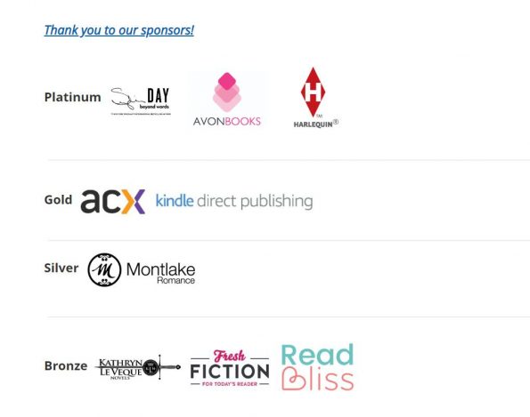 A screenshot of RWA 2019 sponsors reading platinum - Sylvia Day, Avon BOoks, Harlequin, Gold: ACX and Kindle Direct, Silver Montlake Publishing and bronze Kathryn Leveque, Fresh Fiction, and Read Bliss