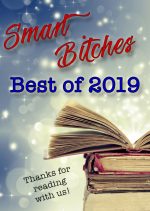 Smart Bitches Best of 2019 against a sparkly blue background above a stack of open books at the bottom it says Thanks for reading with us!