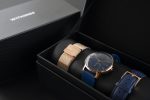Withings Steel HR gift box with rose gold, blue and navy bands with a black face on the watch