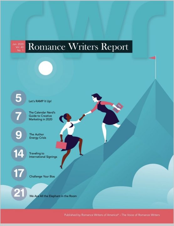 Cover of Jan 2020 RWR prior to change: a graphic image showing a white woman helping a woman of color climbing a mountain