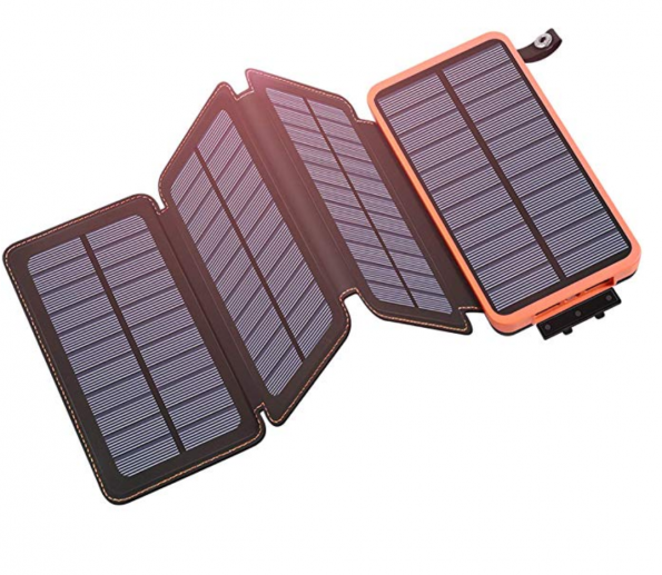 Solar battery fold out with two ports for charging mobile devices