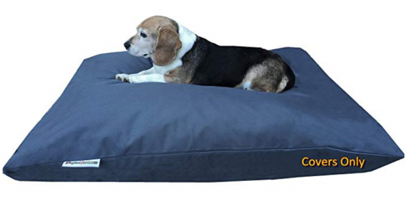 A blue canvas cover meant to hold two pillows pictured with an older beagle resting on top of it