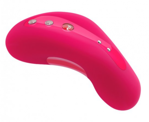 A curved pink vibrator with three buttons on the top encased in soft rubber