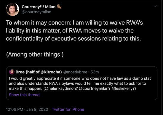 Tweet that says To whom it may concern: I am willing to waive RWA’s liability in this matter, of RWA moves to waive the confidentiality of executive sessions relating to this. (Among other things.)
