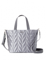 A grey fabric totebag with a quilted pattern and grey straps