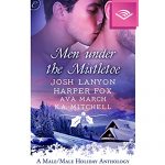 Men under the mistletoe - a man kissing the back of another man's neck against a pink and purple sunset with snowcovered houses below