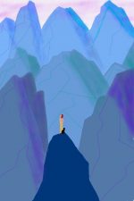 A tiny woman on a tall thin rock outcropping, standing and looking into the distance, behind her a tiny cat against a backdrop of imposing blue mountains