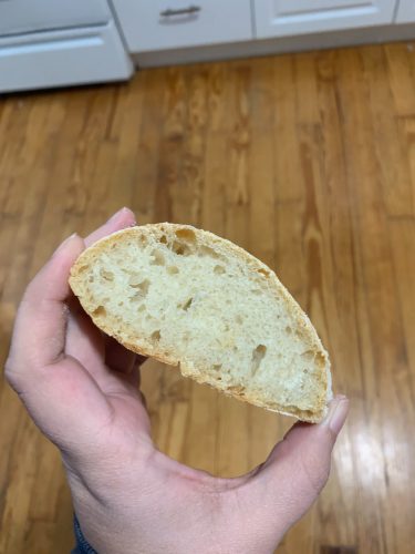A close up of a slice of ciabatta
