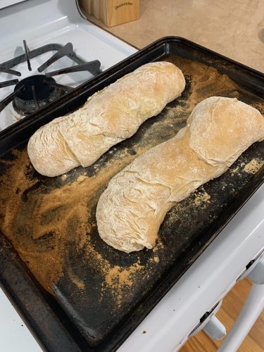 Two wonky shaped loaves of ciabatta