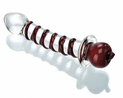 A glass dildo with a red swirl and red apple handle
